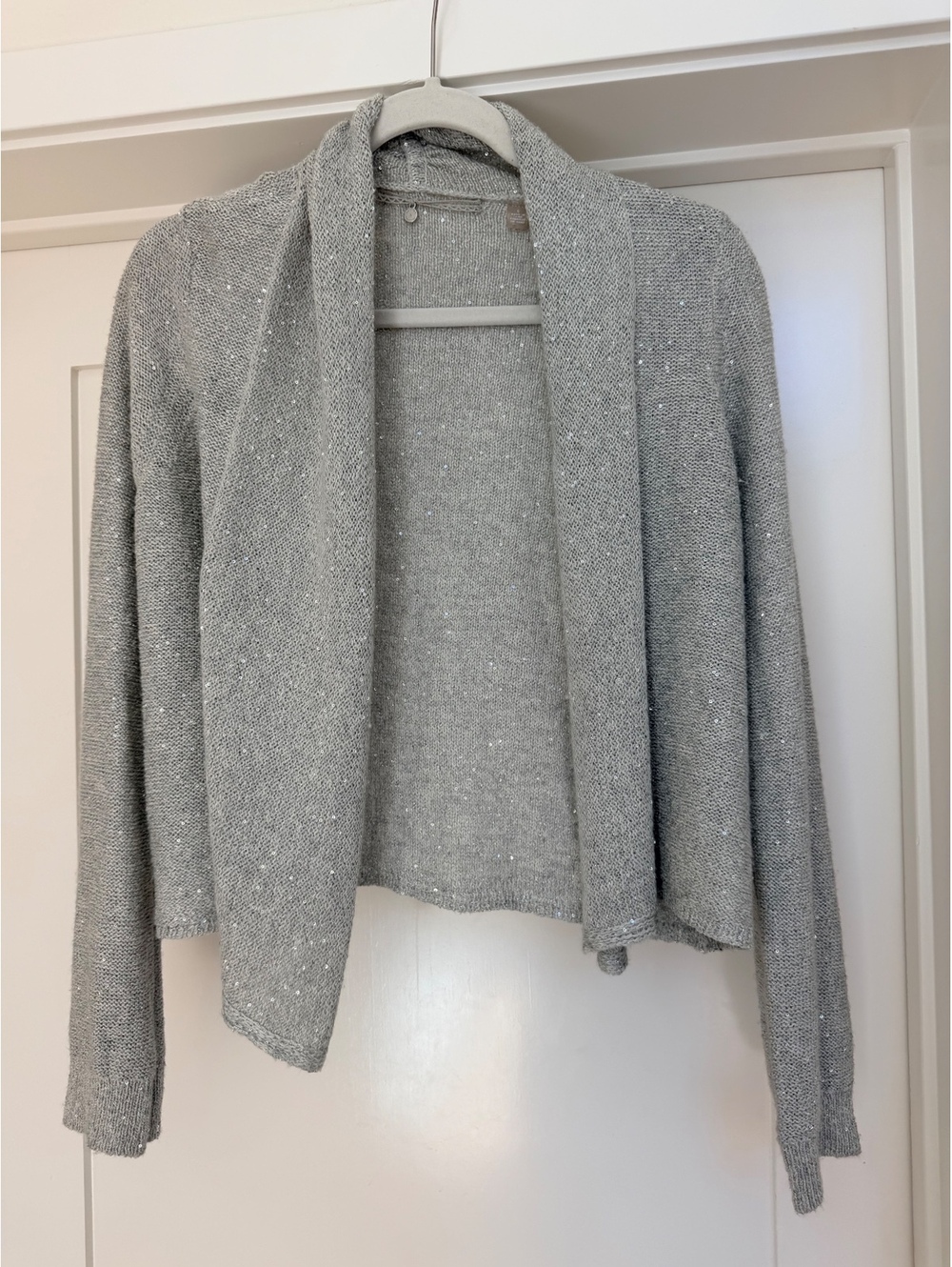 Anthropologie Knitted & Knotted Sequin Cardigan Balletcore Grey Shimmer Small S